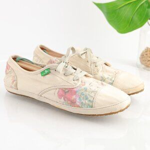 Sanuk Womens Sock Hop Gardenia Sneaker Size 9.5 Beige Canvas Lace Up Shoe Floral
